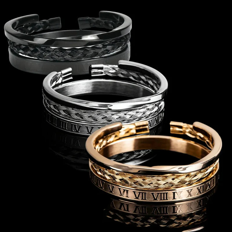 Conjunto de Pulseras Triples Apiladas de Acero Romano