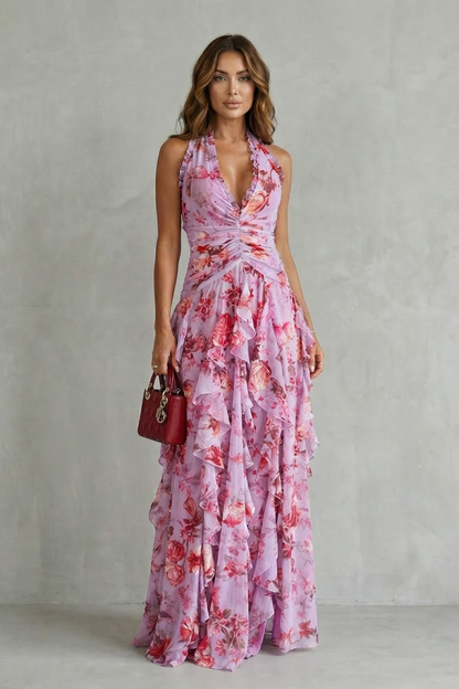 Belladina | Romántica cascada de rosas. Vestido largo con escote americano