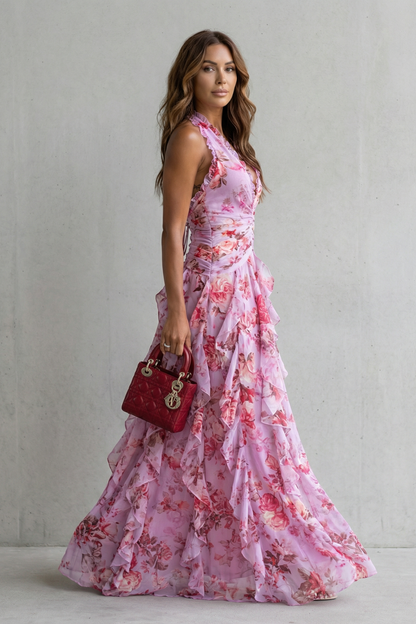 Belladina | Romántica cascada de rosas. Vestido largo con escote americano