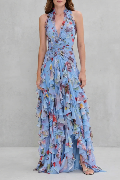 Belladina | Romántica cascada de rosas. Vestido largo con escote americano
