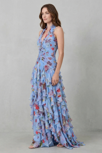 Belladina | Romántica cascada de rosas. Vestido largo con escote americano
