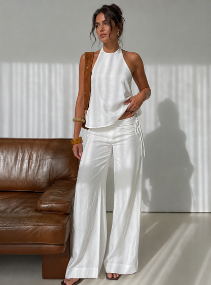 Pantalones blancos de mezcla de lino Silver Moon con corbata