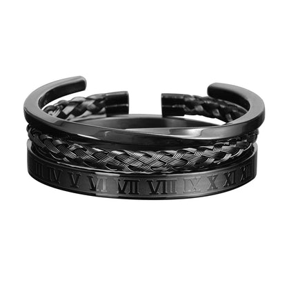 Conjunto de Pulseras Triples Apiladas de Acero Romano