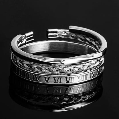 Conjunto de Pulseras Triples Apiladas de Acero Romano
