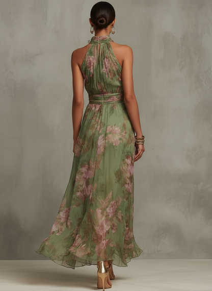 Livia | Elegante vestido largo con cuello halter y estampado floral