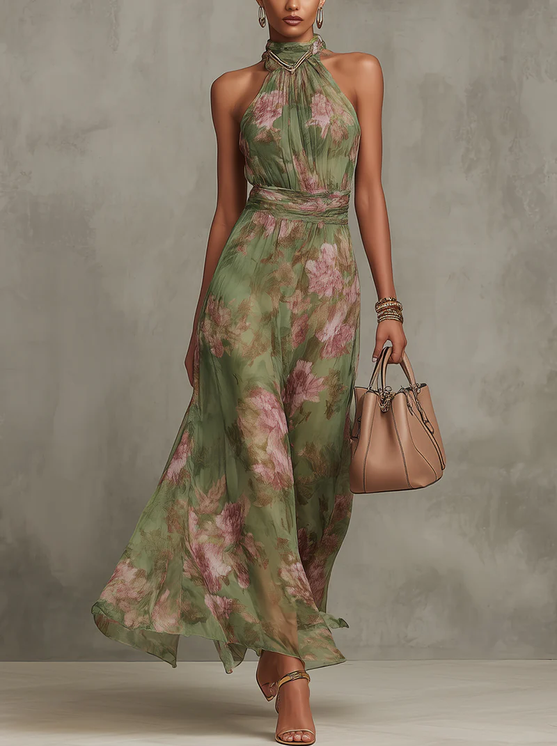 Livia | Elegante vestido largo con cuello halter y estampado floral
