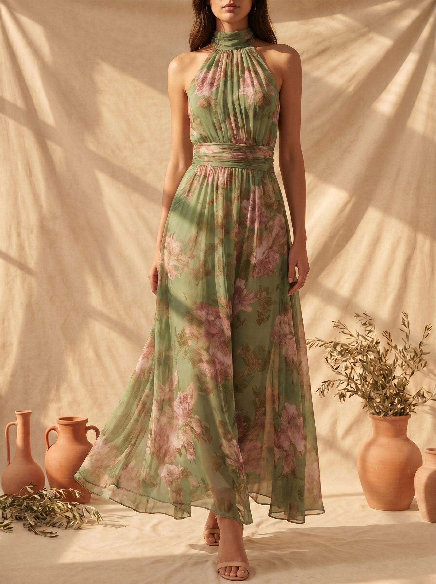 Livia | Elegante vestido largo con cuello halter y estampado floral