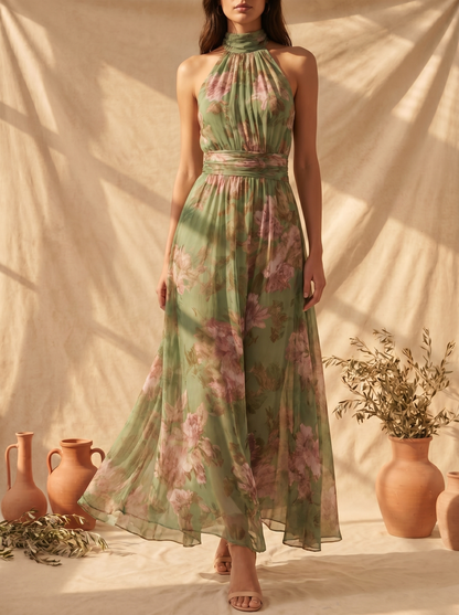 Livia | Elegante vestido largo con cuello halter y estampado floral