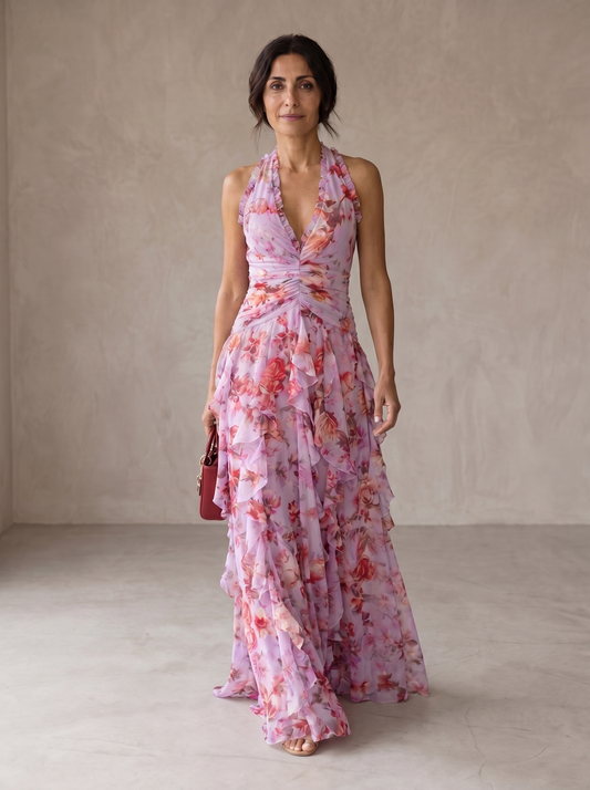 Belladina | Romántica cascada de rosas. Vestido largo con escote americano