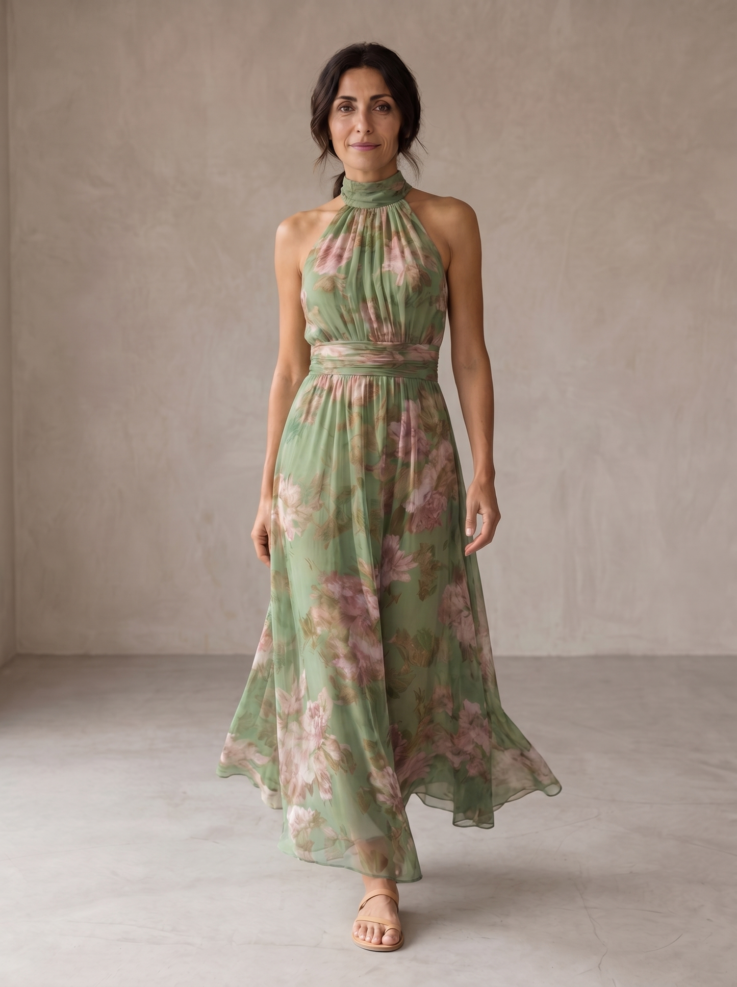 Livia | Elegante vestido largo con cuello halter y estampado floral